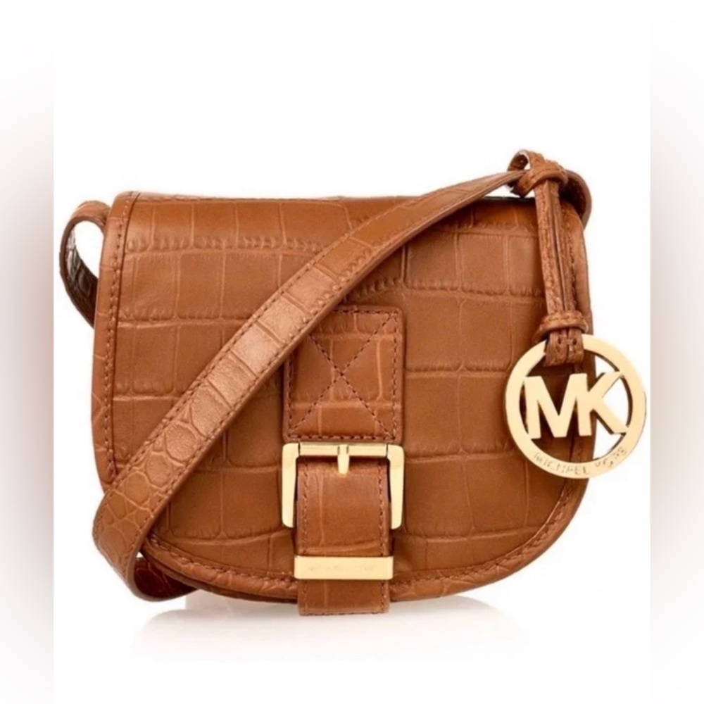 Michael Kors Women’s Embossed Crocodile leather Crossbody Brown Saddle Bag Boho
